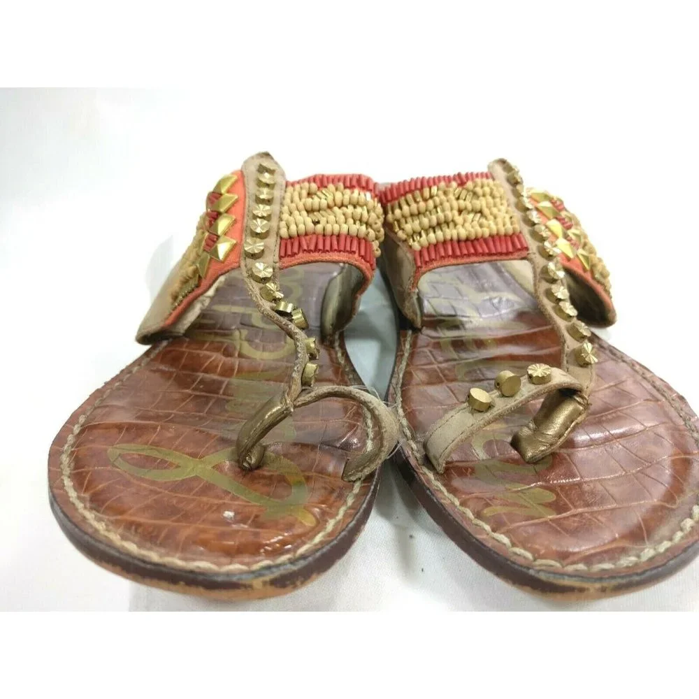 SAM EDELMAN Gideon Beaded Toe Ring Sandals Size US 7.5 M Natural Multi Red Gold
